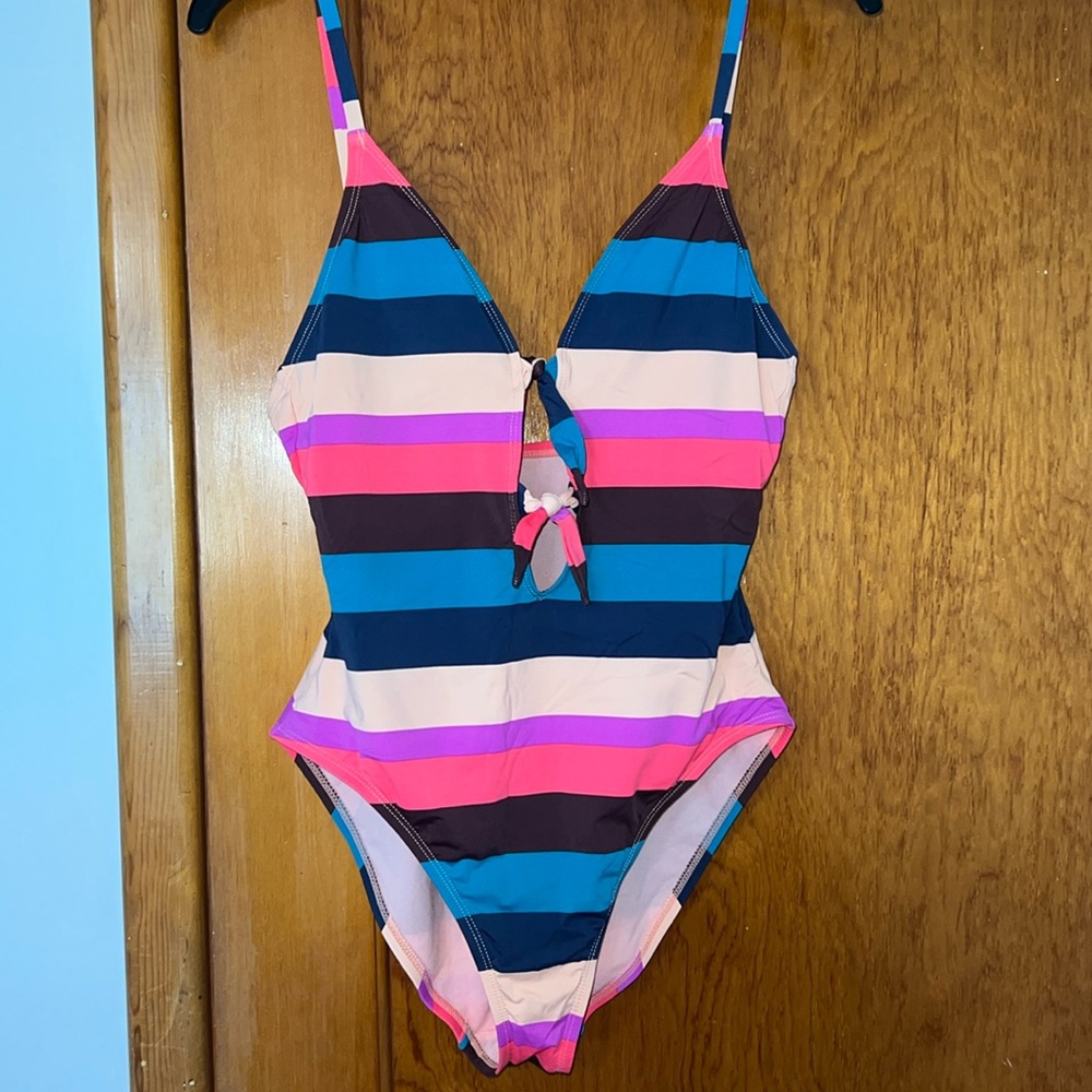 Gibson Latimer Striped One Piece Swimsuit with Tie Front